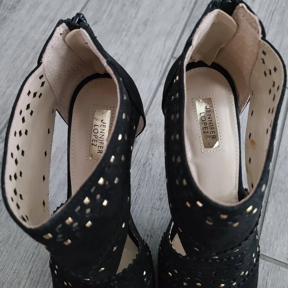Jennifer Lopez Black Cutout Studded High Heel Sandals Size 8